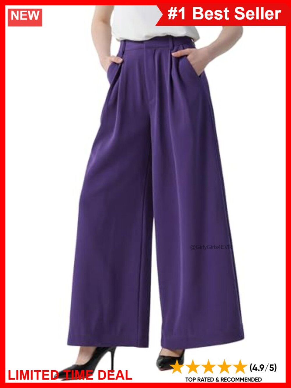 High Waist Wide Leg Palazzo Trousers Pleated Front Pockets Casual